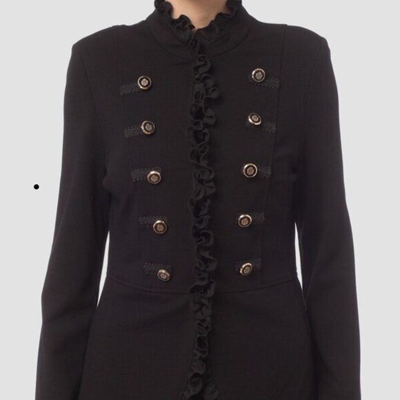 Joseph Ribkoff Black Ruffle Trim Jacket Designer Double-Breasted Blazer Size 8 - Picture 2 of 9